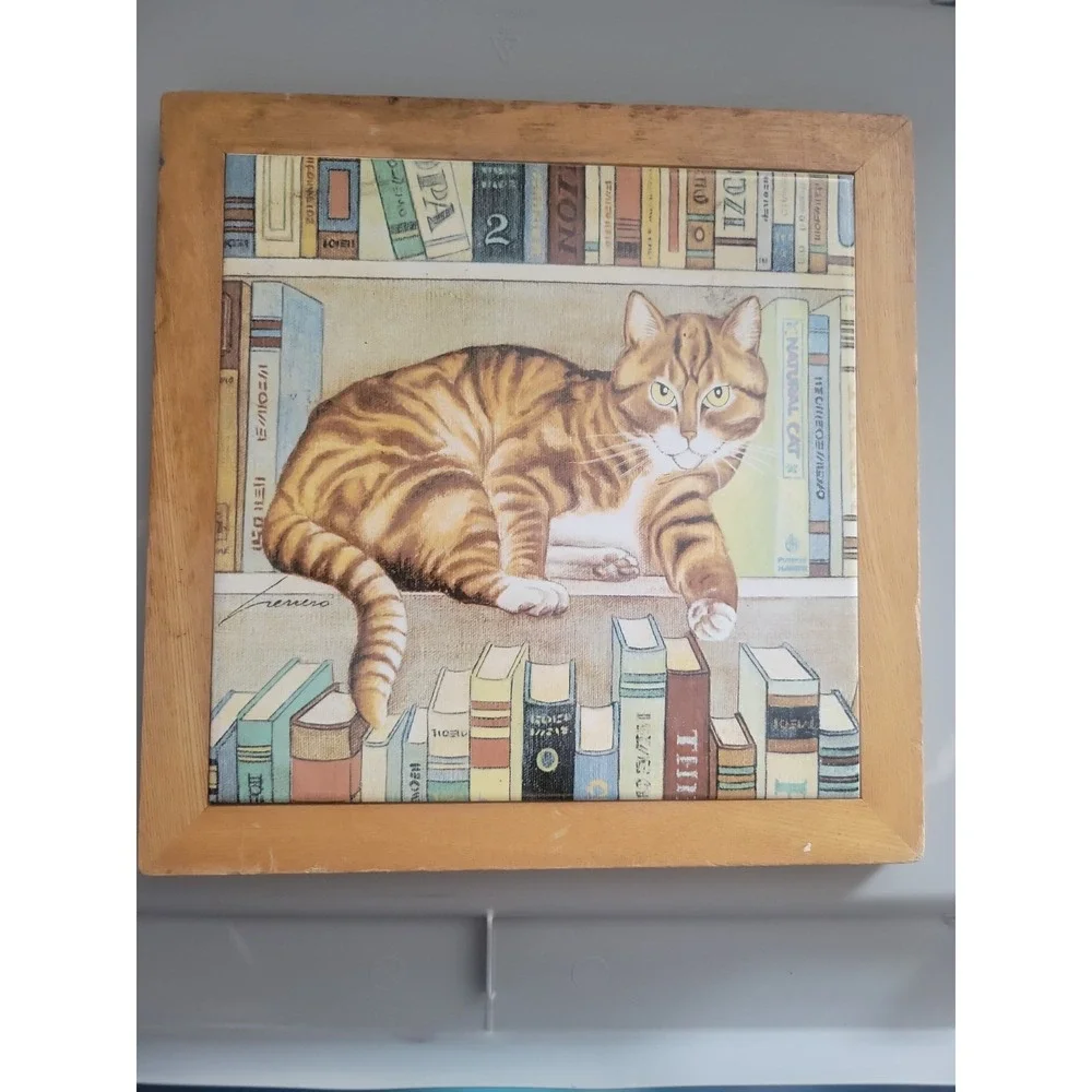 Cat Perching Book Shelf Lowell Herrero 1982 Framed Trivet 9.5 X 9.5
